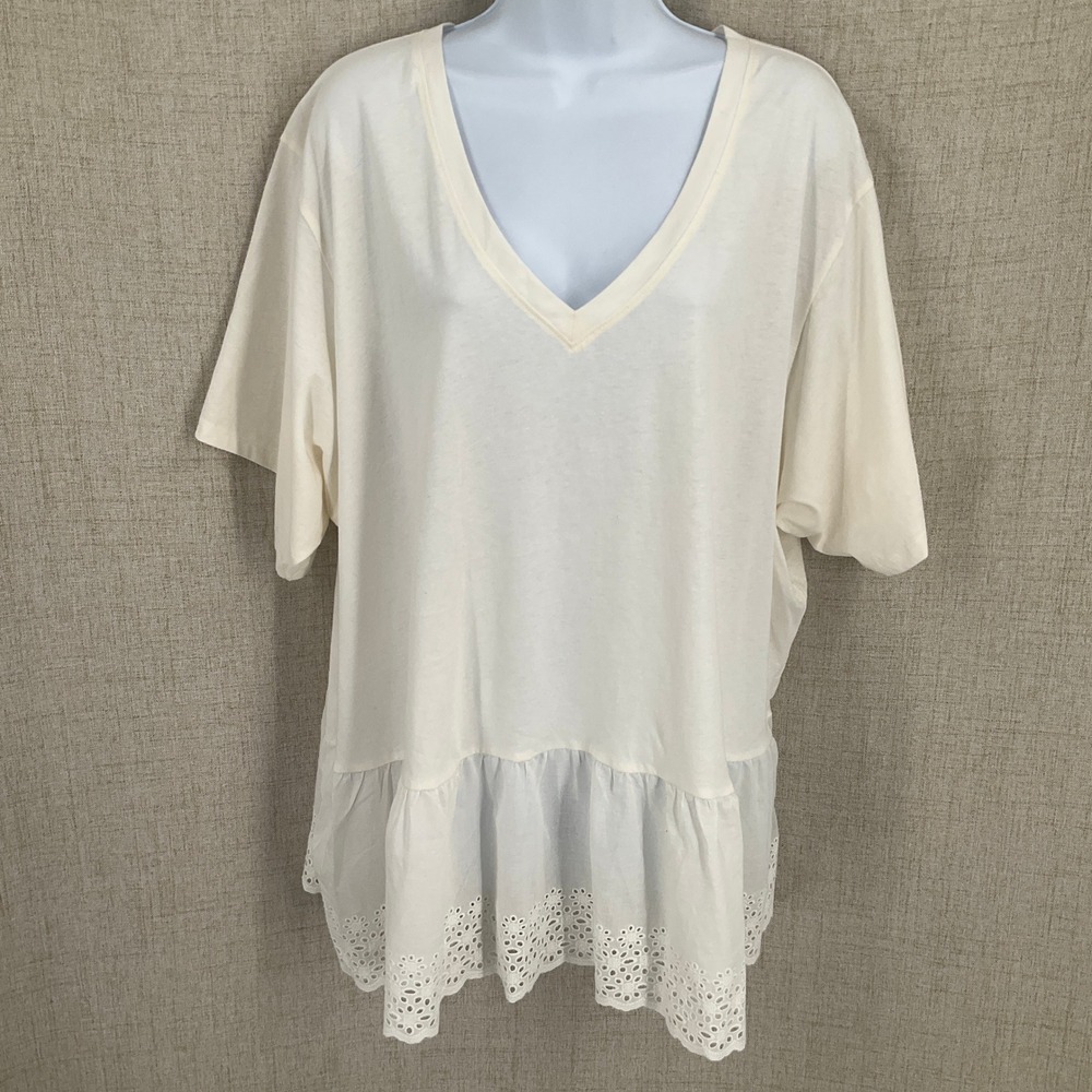 Torrid V-Neck‎ Top Womens 2x Ivory 100% Cotton Eyelet Ruffle Hem Boho Classic